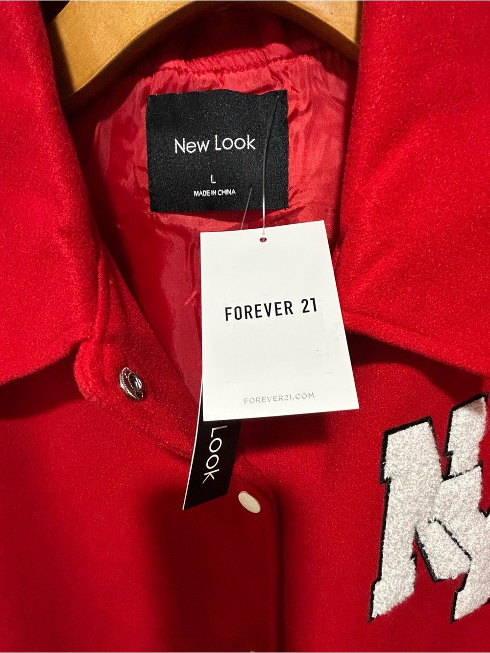 Forever 21 Red & White womens size L NY Varsity Jacket with White Accents NWT - Picture 4 of 7